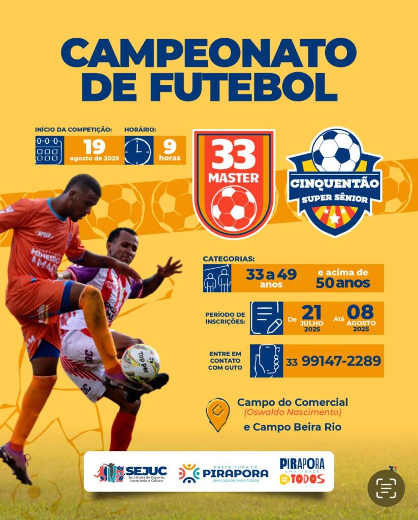 Prefeitura de Pirapora abriu inscrições para Campeonato 33 Máster e Cinquentão Super Sênior Prefeitura de Pirapora abriu inscrições para Campeonato 33 Máster e Cinquentão Super Sênior