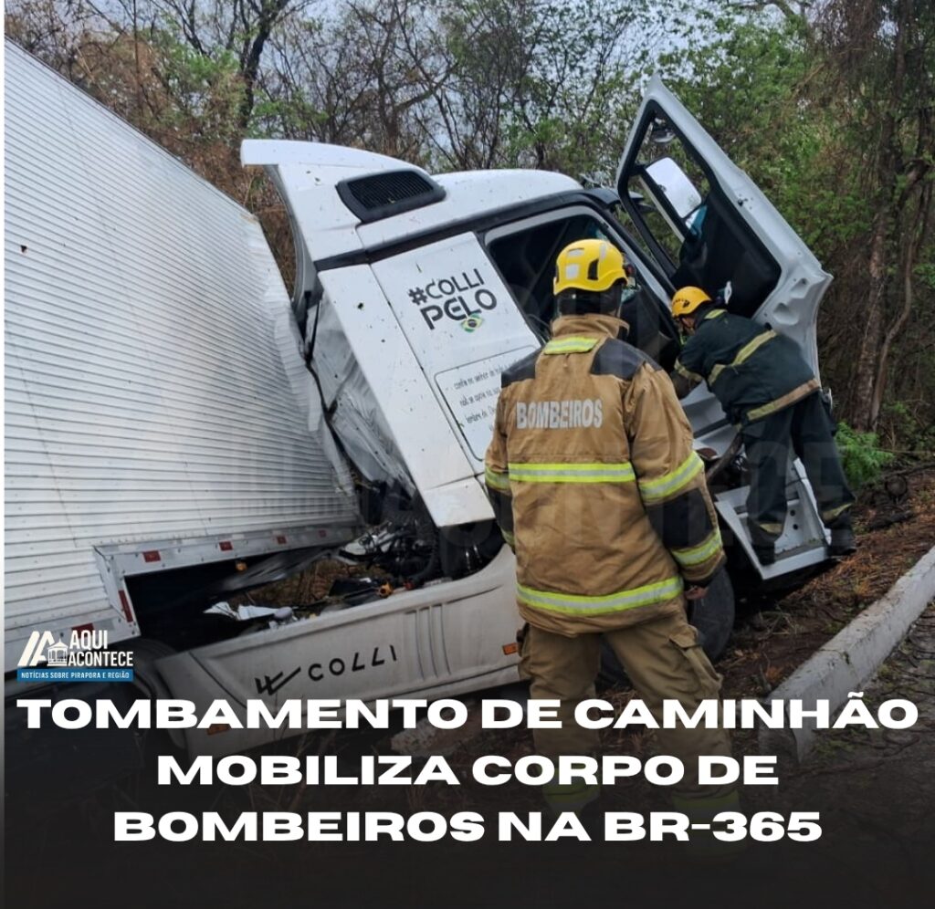 Tombamento de caminhão mobiliza Corpo de Bombeiros na BR-365